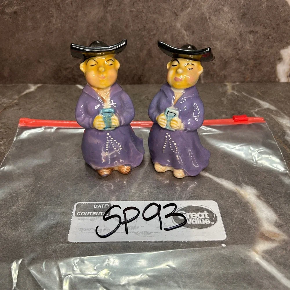 Vintage Japan Ceramic Monk Salt and Pepper Shakers Purple H9079 Mid Century Set